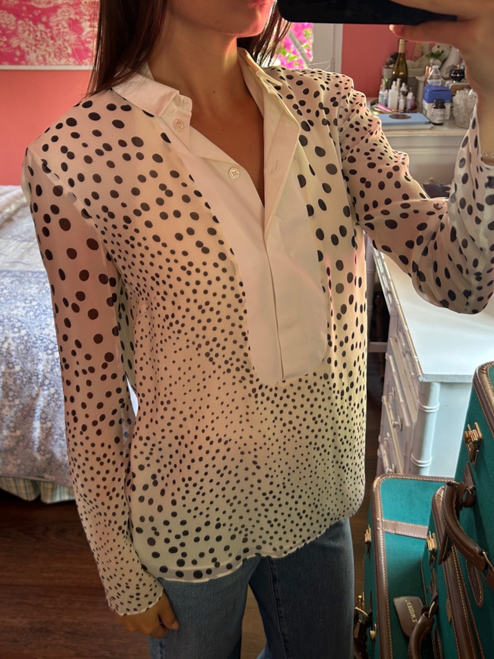 Cream and Black Polka Dot Button-Up Blouse